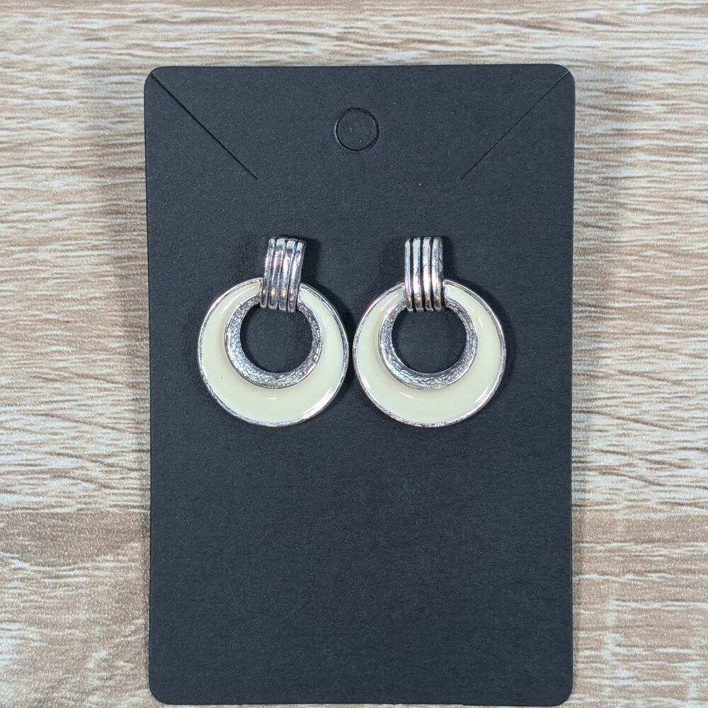 Silver Tone Cream Enamel Circle Drop Earrings Geometric Retro Style